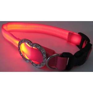  Pink Nylon Webbing Dog Collar with Red Fiber Optical Led 