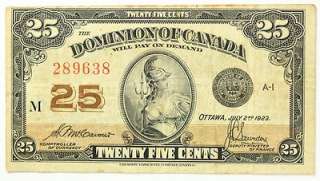 1923 DOMINION of Canada Bank Note Shinplaster 25 cents Fractional Note 