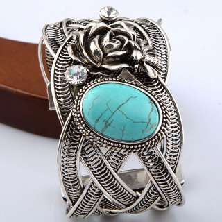   silver Twisted Rose Crystal Oval Howlite Turquoise Bead Cuff Bracelet