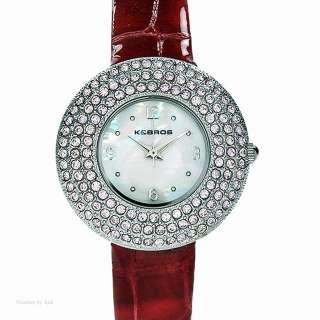 and Bros Crystal Red Leather Quartz Leather Case Womens Watch 
