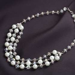 Crystale Silvertone Glass Pearl and Crystal 3 row Bib Necklace