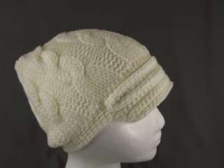 Cream Off White crochet Flower cable knit button ski brim hat cap 