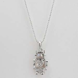 Crystals Embedded Silver Plated Cute Little Robot with Clear Heart 