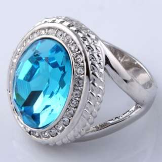 silver plated round faceted blue crystal towertop finger ring fashion 