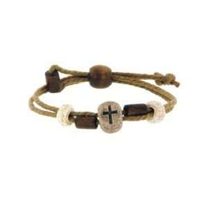    Bracelet Jute & Wood Beads Stone Cross Adj 