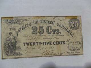 1862 State of North Carolina NC 25 Cents 25c Confederate Note Obsolete 