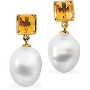  14k Yellow Gold S. Sea Cult. Pearl Citrine Earring 5mm 