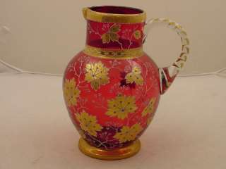   BOHEMIAN GLASS PITCHER MOSER RUBY RED COLOR MAGNIFICENT GOLD ENAMEL