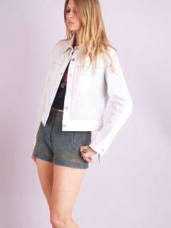 Vtg White PERFORATED LEATHER Biker Cafe Moto CUTOUT Cropped Dress Coat 