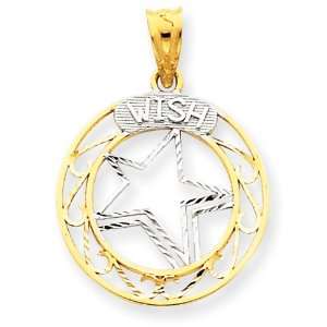 14k and Rhodium Diamond Cut Star and Wish Circle Pendant 