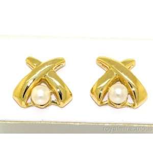    Genuine Pearl Earrings 14K Yellow Gold Hugs & Kisses Style Jewelry