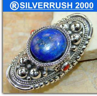 HUGE LAPIS LAZULI , CORAL .925 SILVER RING ; SIZE 8 1/2 ; the 