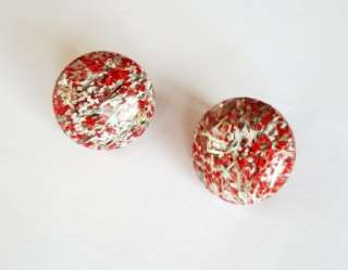 Pretty Vintage Plastic Red+Silver+White Confetti Lucite Clip On Button 