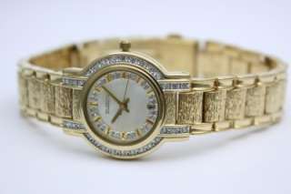 New Elgin Women Austrian Crystal Gold Date Pearl Dial Watch 28 mm 