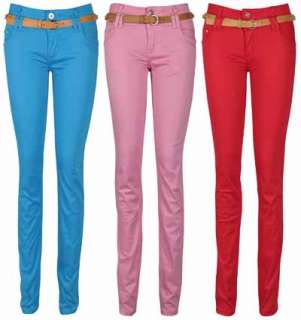   BRIGHT CHAIN BELT TROUSERS WOMENS STRETCH SKINNY LEG FIT CHINOS JEANS