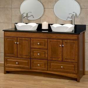  60 Cherry Vanity   2 White Blossom Sinks   Offset Faucets 