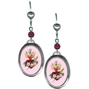   Silver Plated Small Oval Earrings Sacred Heart Artwork by Sunny Buick