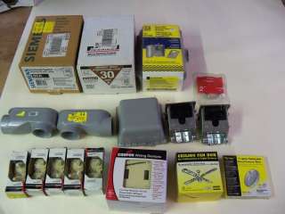 Lot electrical items new breaker boxes,lbs,weatherheads  