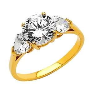 14K Yellow Gold Round Three Stone CZ Cubic Zirconia Engagement Ring 