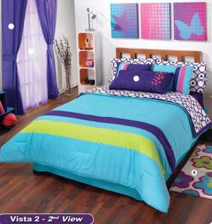 Teens Blue Stripes Pink Comforter Bedding Set Queen 8p  