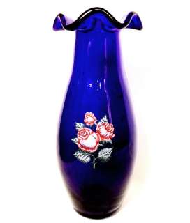 Deep Blue Cobalt Vintage Glass Vase Decoration w Roses  