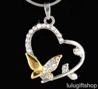 18k gold plated butterfly heart pendant necklace use swarovski 
