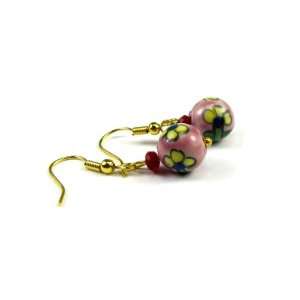 Pastel Pink Bead Dangle Earrings with Floral Pattern Decor 