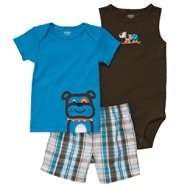   Infant Boys Three Piece Set Plaid Shorts Blue Dog 