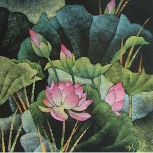 Unique Hand drawing Gouache Painting   Evening Lotus in Swarm   Artist 