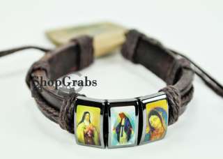 Saints Leather Bracelet Black Brown Virgen Mary Maria Virgen Guadalupe 