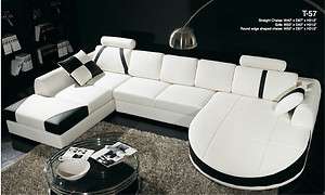   Contemporary White & Black Leather Sectional Sofa Dual Chaise T 57