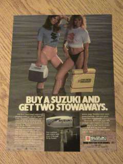 1984 SUZUKI OUTBOARD MOTOR ADVERTISEMENT BEACH LADIES AD TWO STOAWAYS 