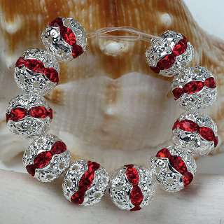 10P SILVER TONE RED RHINESTONE CUTOUT SPACER BEADS 8MM  