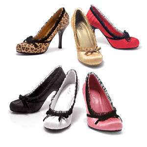WOMENS RUFFLED LACE PLEATED SATIN PUMPS w/ VELVET BOW  