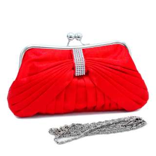 Pleated clutch purse evening bag w/ rhinestone red  