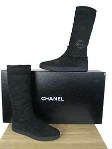 CHANEL Flat Black Quilted Shearling Boots, CC Logo sz 38 NIB  