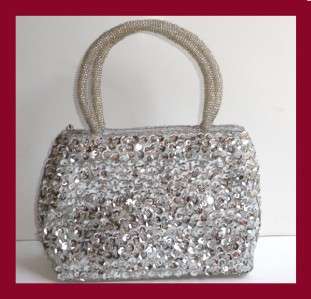 New Sexy Elegant Evening Sequin Beaded Purse Bag Silver  