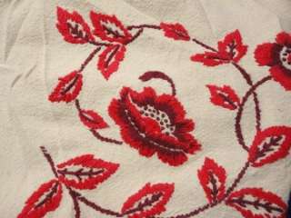 Vintage Antique EMBROIDERED REDWORK Tablecloth 58x45 Linen & Cotton 
