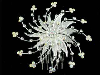 Flower Mesh Austrian Ab Crystal Bridal Prom Hair Comb  