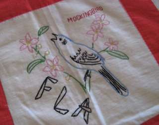   Handstitched and Embroidered STATE BIRDS Quilt Top all Hand Pieced