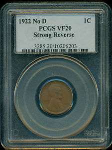 1922 NO D LINCOLN WHEAT CENT PCGS VF20 STRONG REVERSE  