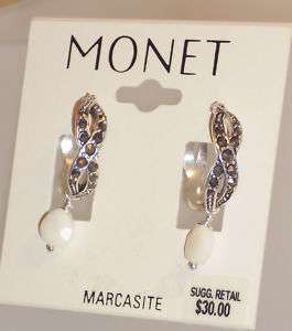 Monet Earrings Silver Tone Studded Hoop w White Bead  