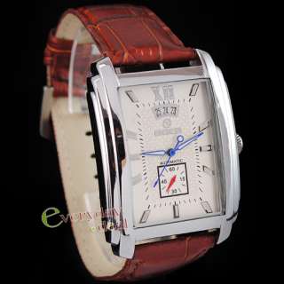   Watch Mechanical Automatic Brown Leather Date Square Steel NEW  