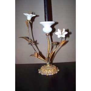 Victorian Fancy Porcelain Flower & Gold Leafed Metal Taper Candle 