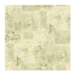   II Bicycle Postmark Toile PrepastedWallpaper, Tan/Pale Green/Gold