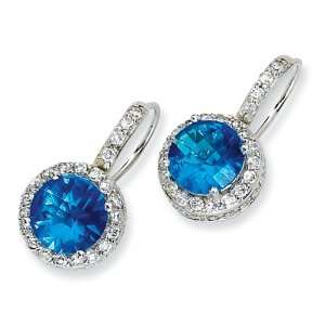   Silver Checker cut Sim.Blue Topaz & CZ French Wire Earrings Jewelry