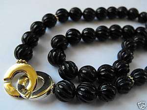 Alderman Ford 14k Gold Clasp Carved Onyx Bead Necklace  