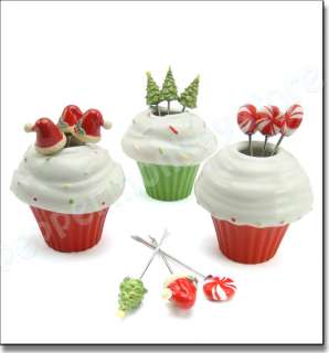 Christmas Tree Santa Cupcake Appetizer Picks Forks with Holder Set 