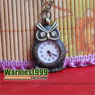   Vintage Crystal Owl Quartz Pocket Watch Pendant Necklace HB066  