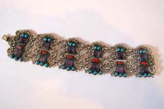 VINTAGE MEXICAN LARGE STERLING BRACELET,WITH LARGE AMETHYSTS,TURQUOISE 